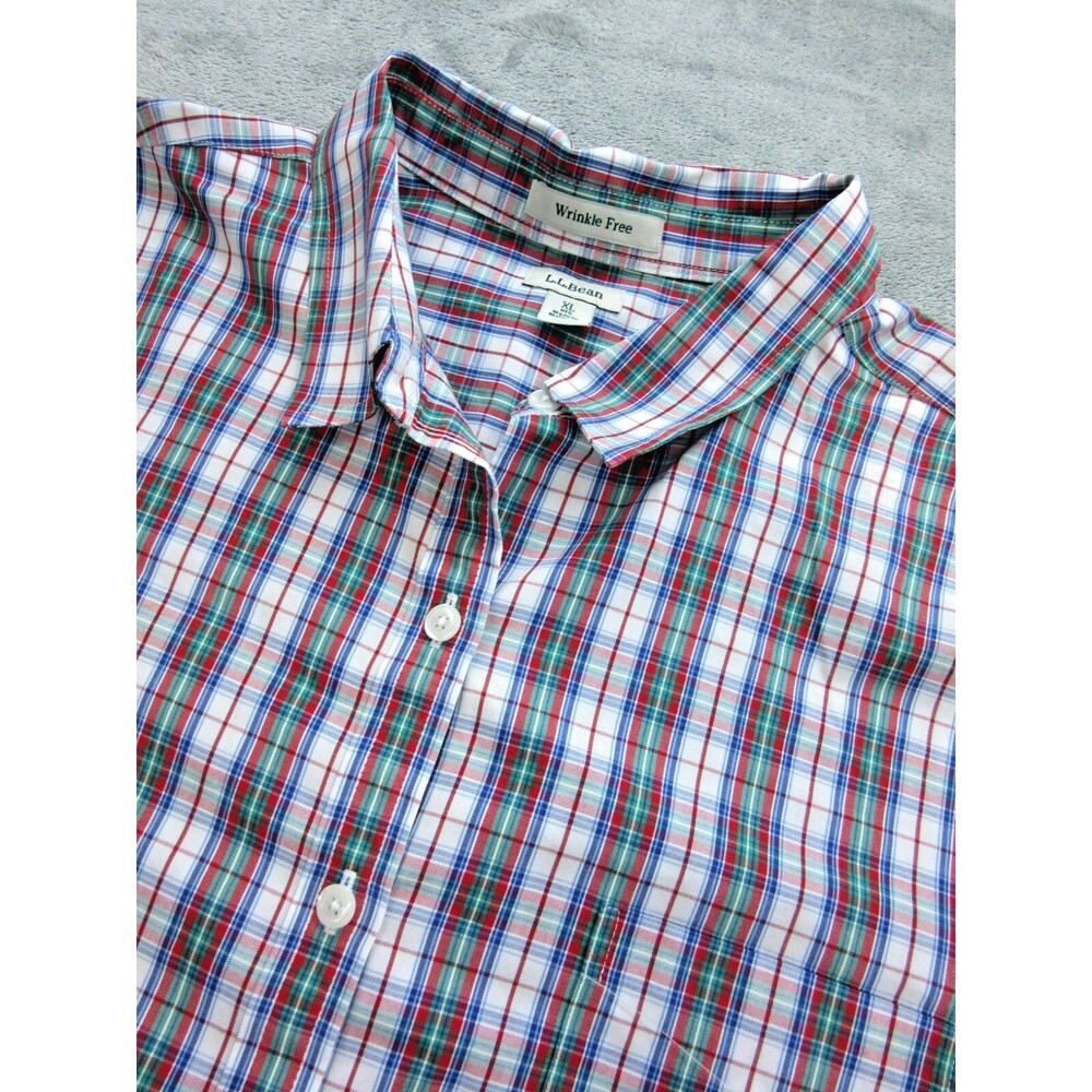 LL Bean Men's XL Shirt Wrinkle Free Plaid Green Red Button Down Long Sleeve